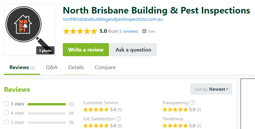 North Brisbane Building and Pest's Product Review Page showing 5 stars every review